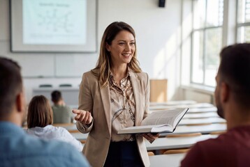 A smiling female instructor in a beige blazer stands in a classroom, holding an open book and gesturing as she engages with students.