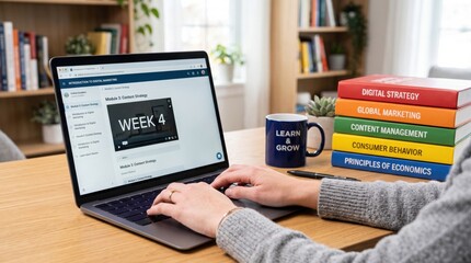 A person’s hand is on a laptop displaying "WEEK 4" in an online course, with a mug labeled "LEARN & GROW" and a stack of colorful educational books beside it.