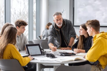 A group of six young adults and a middle-aged man are engaged in discussion around a circular table in a bright, modern classroom. The man, pointing at documents, is facilitating the conversation.